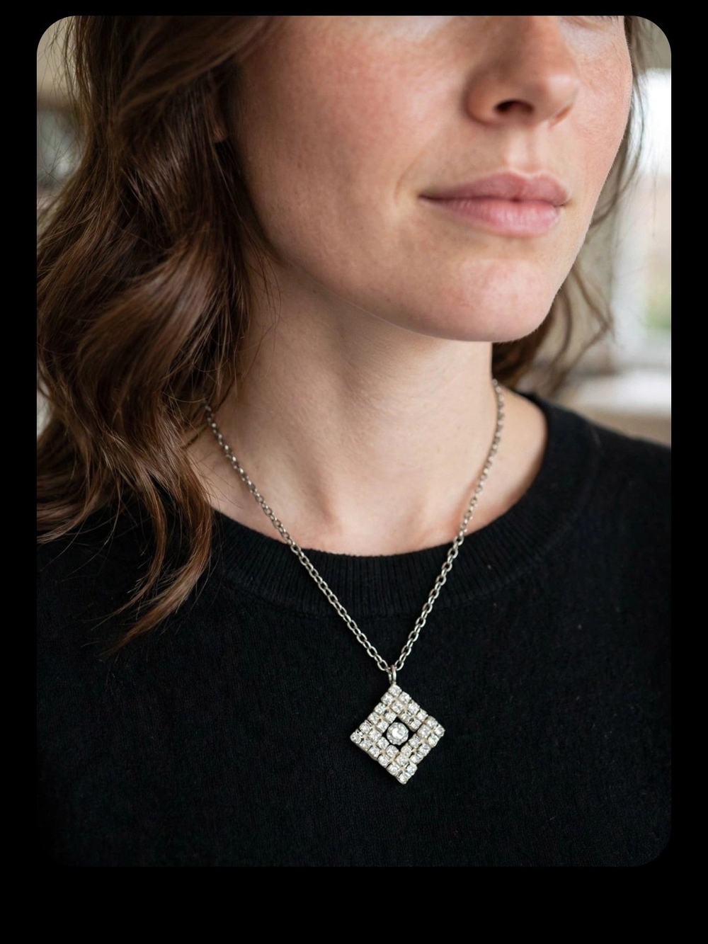 925 Silver Crystal Square Pendant Necklace - Women Jewelry